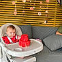 Isla-May joined the competition — help win amazing prizes! baby, high_chair, watermelon, food, red_clothing, face, blue_eyes, wooden_wall, decorations, stars, circles, couch, gray_couch, pillow, person, arm, indoor, curious, child, seat