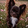 dog, chihuahua, close_up, wildflowers, field, sunset, outdoor, nature, cute, pet, animal, ears, fur, portrait, grass, flower, small_dog, brown, white, curious