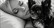 Gucci a rejoint le concours — aidez-le/la à gagner de superbes lots ! woman, dog, bed, sleeping, black_and_white, pillow, blanket, indoor, pet, resting, face, long_hair, small_dog, fur, window, cozy, relaxation, portrait, cute, companion