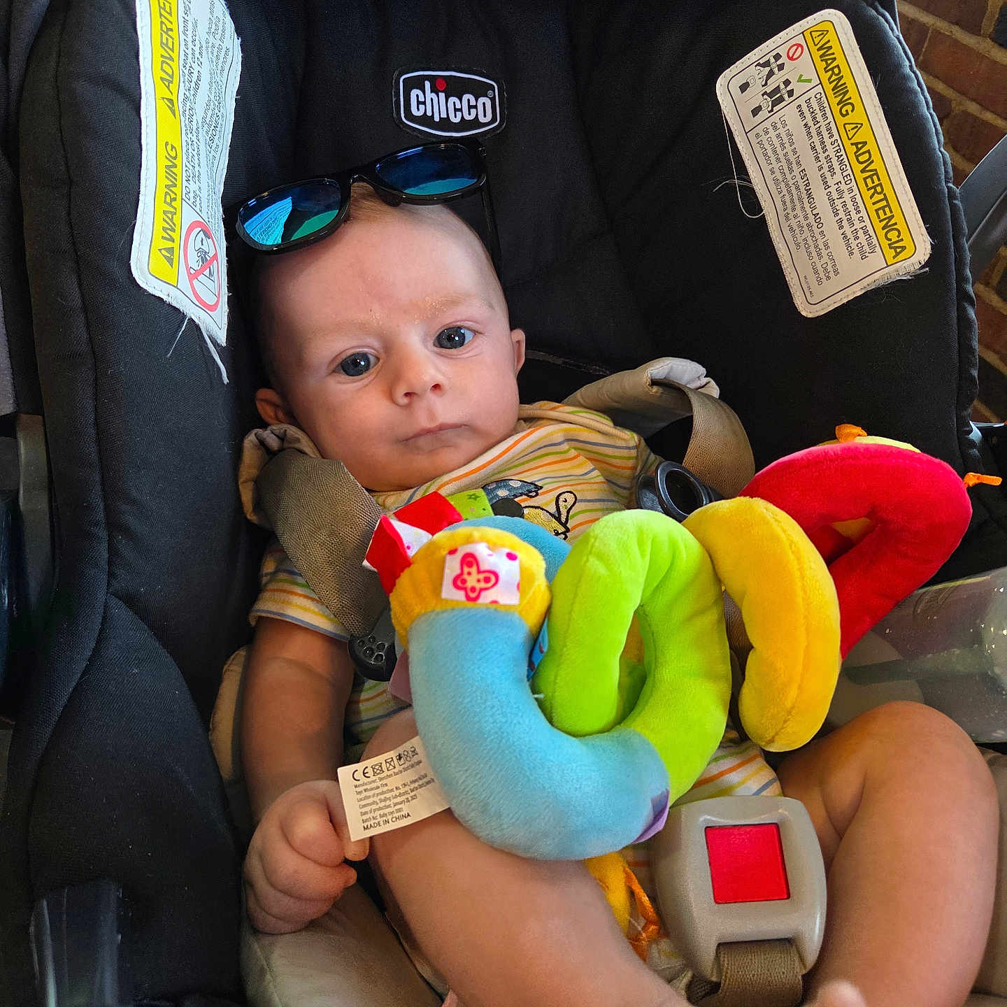 Carter is registered to the contest to win money with this photo: baby, car_seat, chicco, sunglasses, plush_toy, colorful_toy, striped_clothing, infant, child, seatbelt, foot, hand, face, blue_eyes, brick_wall, warning_label, indoor, cute, comfort, photography