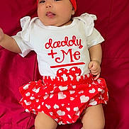 Valentina is registered to the contest to win money with this photo: baby, infant, red_headband, white_shirt, heart_pattern, red_skirt, white_socks, bow, cute, lying_down, tongue_out, child, portrait, indoor, soft_fabric, smiling, person, closeup, adorable, playful