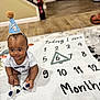 baby, infant, six_months, milestone_blanket, party_hat, sitting, onesie, socks, indoor, hardwood_floor, portrait, smile, numbers, triangle_marker, celebration, staircase, decorations, photography, playtime, cute