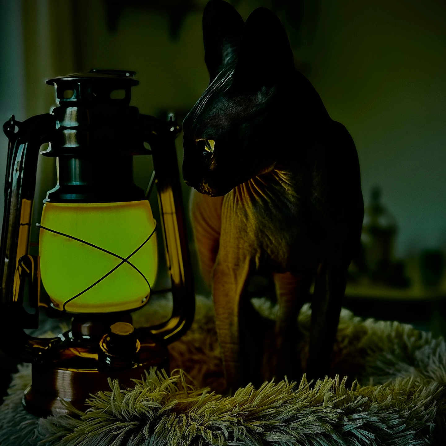 Freyja a rejoint le concours — aidez-le/la à gagner de superbes lots ! cat, black_cat, animal, pet, sphynx_cat, lantern, vintage, glowing, indoor, dark, moody, dramatic_lighting, green, shaggy_blanket, furniture, home_decor, portrait, sitting, alert, mysterious