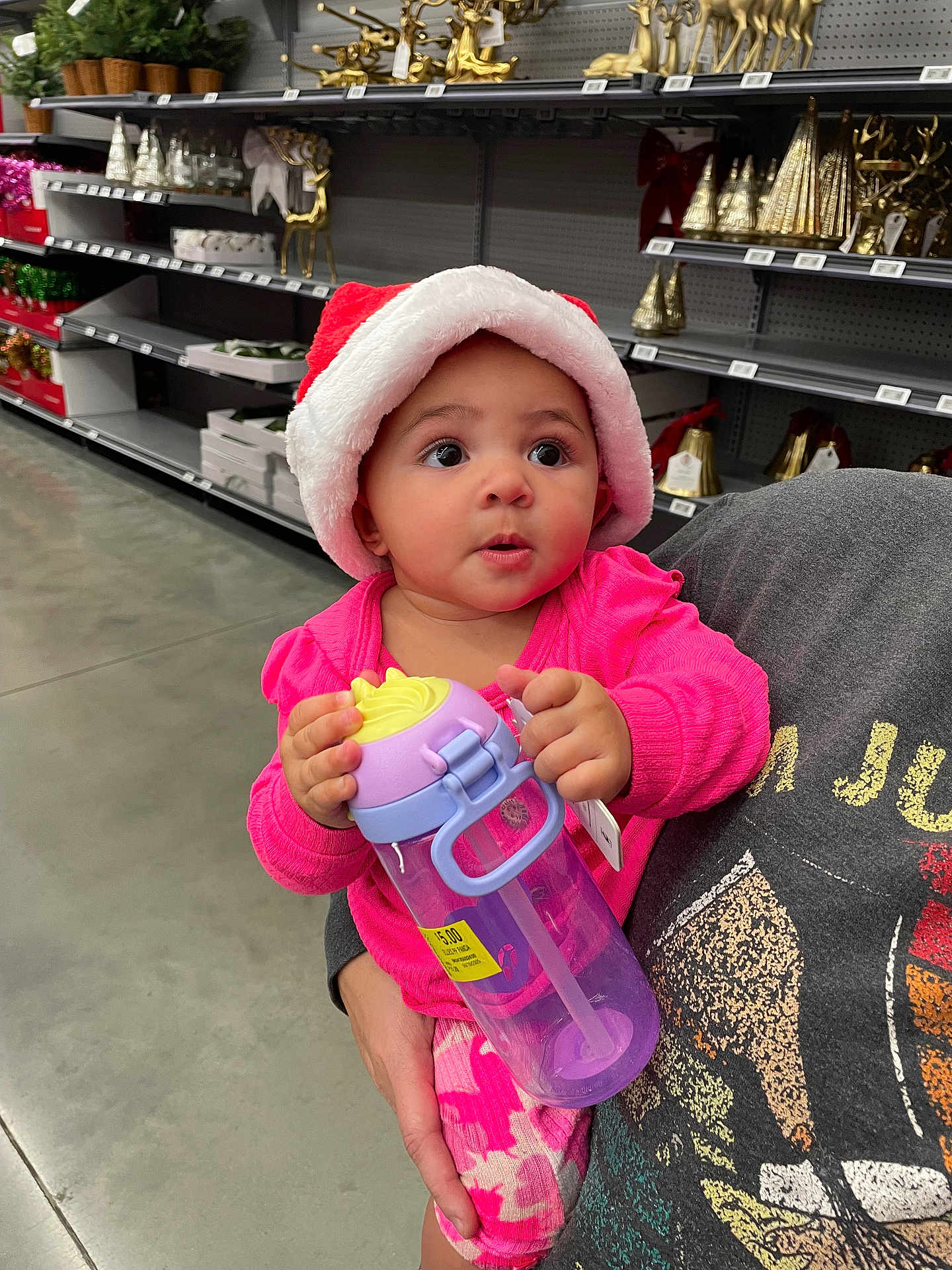 Raylynn is registered to the contest to win money with this photo: baby, child, santa_hat, pink_clothing, water_bottle, holding, adult, store, holiday_decorations, shelves, floor, cute, curious, indoor, person, portrait, shopping, christmas, festive, expression