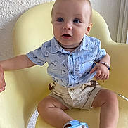 Vartic Mark a rejoint le concours — aidez-le/la à gagner de superbes lots ! baby, child, blue_eyes, yellow_chair, light_blue_shirt, sailboat_print, beige_shorts, suspenders, blue_sandals, bear_prints, hand_holding, curious_expression, indoor, soft_lighting, portrait, cute, seated, person, footwear, casual_clothing