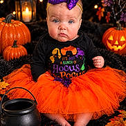 Athena joined the competition — help win amazing prizes! baby, child, portrait, halloween, pumpkins, tutu, costume, bow, purple, orange, autumn, leaves, lantern, candle, cauldron, indoor, studio, sitting, infant, spooky