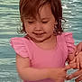 child, child_swimming, face, happy, holding_hands, human_hand, motion, outdoor, person, pink_swimsuit, playing, pool, reflection, short_hair, skin, smiling, summer, toddler, water, water_surface
