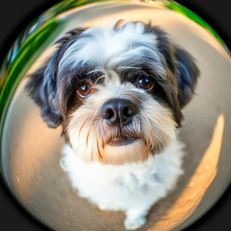 Jazz participe au concours pour gagner de l'argent avec cette photo : adorable, animal, background_blur, black_fur, brown_eyes, close_up, curious, cute, dog, fisheye_lens, fluffy, looking_up, nose, outdoor, pet, portrait, small_dog, soft_light, whiskers, white_fur