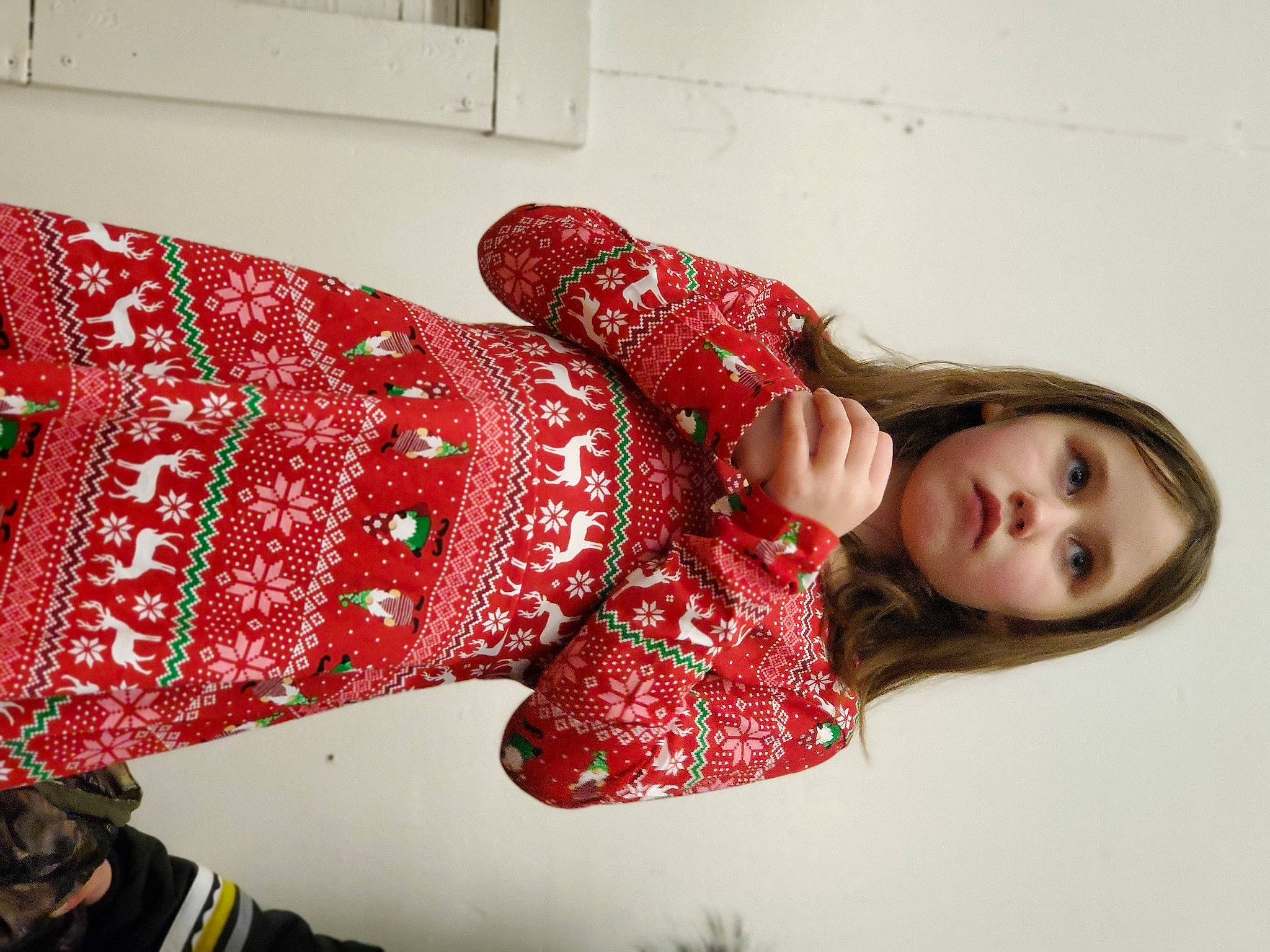 Gemma is registered to the contest to win money with this photo: carmine, comfort, companion_dog, dog, fashion_accessory, fashion_design, flesh, flooring, leash, linens, magenta, neck, pattern, person, red, room, sleeve, textile, toddler, visual_arts