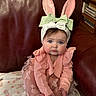 Sophia is registered to the contest to win money with this photo: adorable, baby, blanket, blue_eyes, bunny_ears, child, cute, fashion_accessory, headband, indoors, infant, leather_chair, pink_clothing, portrait, pout, ruffles, sitting, soft_toys, tutu, young_child