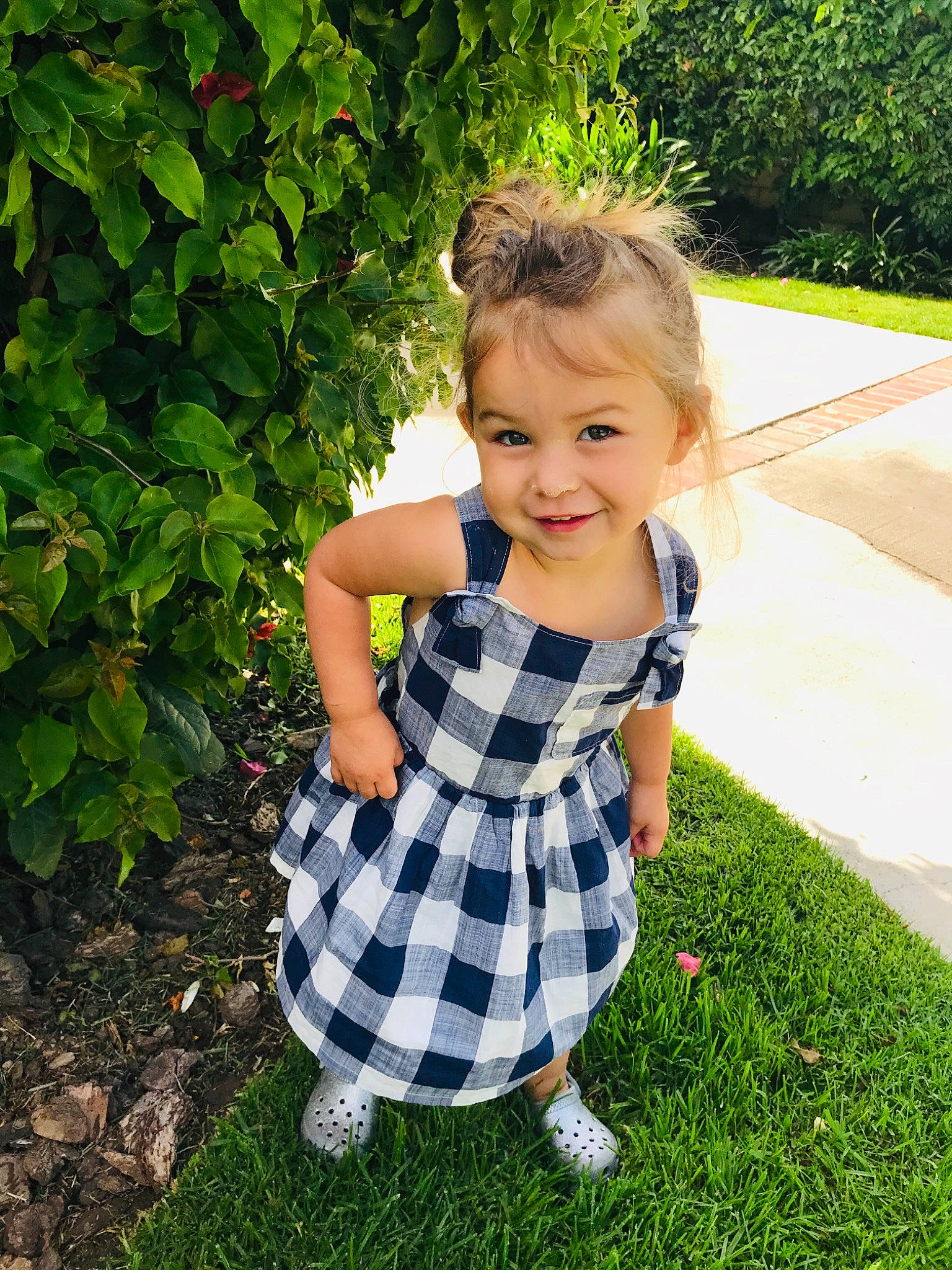 Annabella Grace is registered to the contest to win money with this photo: baby_toddler_clothing, child, design, dress, garden, grass, joy, pattern, person, plaid, plant, summer, toddler, vacation, yard