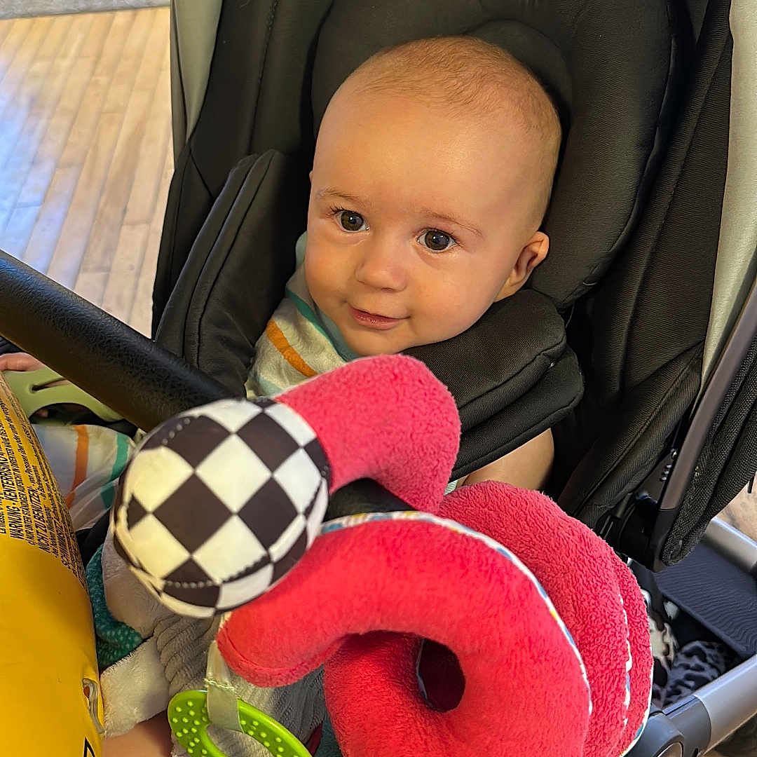 Ilario joined the competition — help win amazing prizes! baby, blue, casual, checkered_pattern, child, colorful, cute, floor, green, indoor, infant, person, playful, plush, red, seat, smiling, soft_toy, stroller, toy