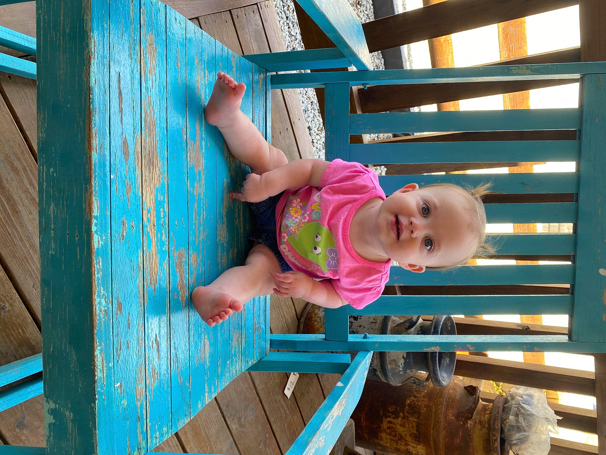 Alayna joined the competition — help win amazing prizes! baby, baby_toddler_clothing, blue, child, city, fun, green, happy, leisure, magenta, outdoor_furniture, outdoor_play_equipment, person, recreation, skin, summer, t_shirt, toddler, tree, wood