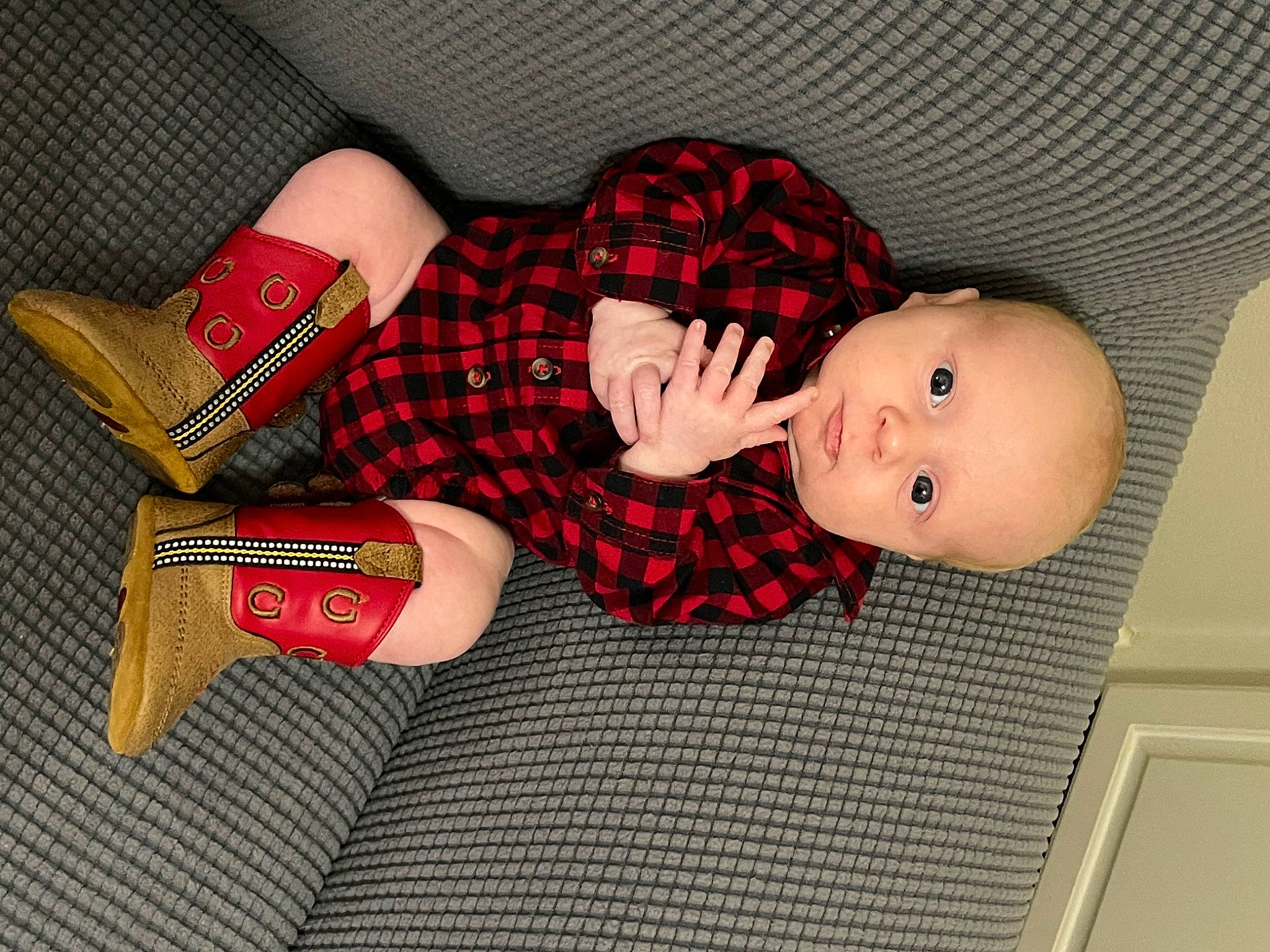 Brodie is registered to the contest to win money with this photo: baby, baby_toddler_clothing, carmine, child, comfort, doll, fashion_accessory, flooring, head, human_leg, pattern, person, plaid, red, room, sleeve, tartan, thigh, toddler, toy