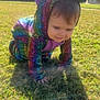 toddler, child, costume, rainbow, dinosaur, grass, outdoor, sunlight, crawling, baby, playful, cute, hooded, purple, colorful, smiling, person, yard, daytime, house