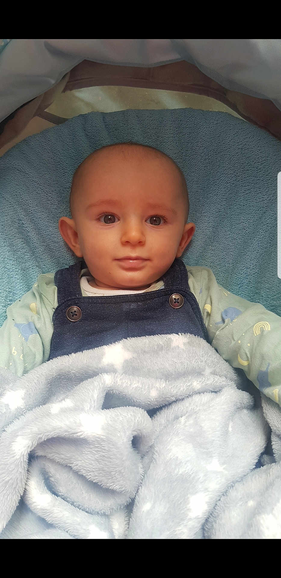 Teddy is registered to the contest to win money with this photo: baby, infant, blanket, blue_blanket, clothing, denim_overalls, face, eyes, head, ears, towel, stroller, bassinet, portrait, child, cute, soft_texture, indoor, resting, calm