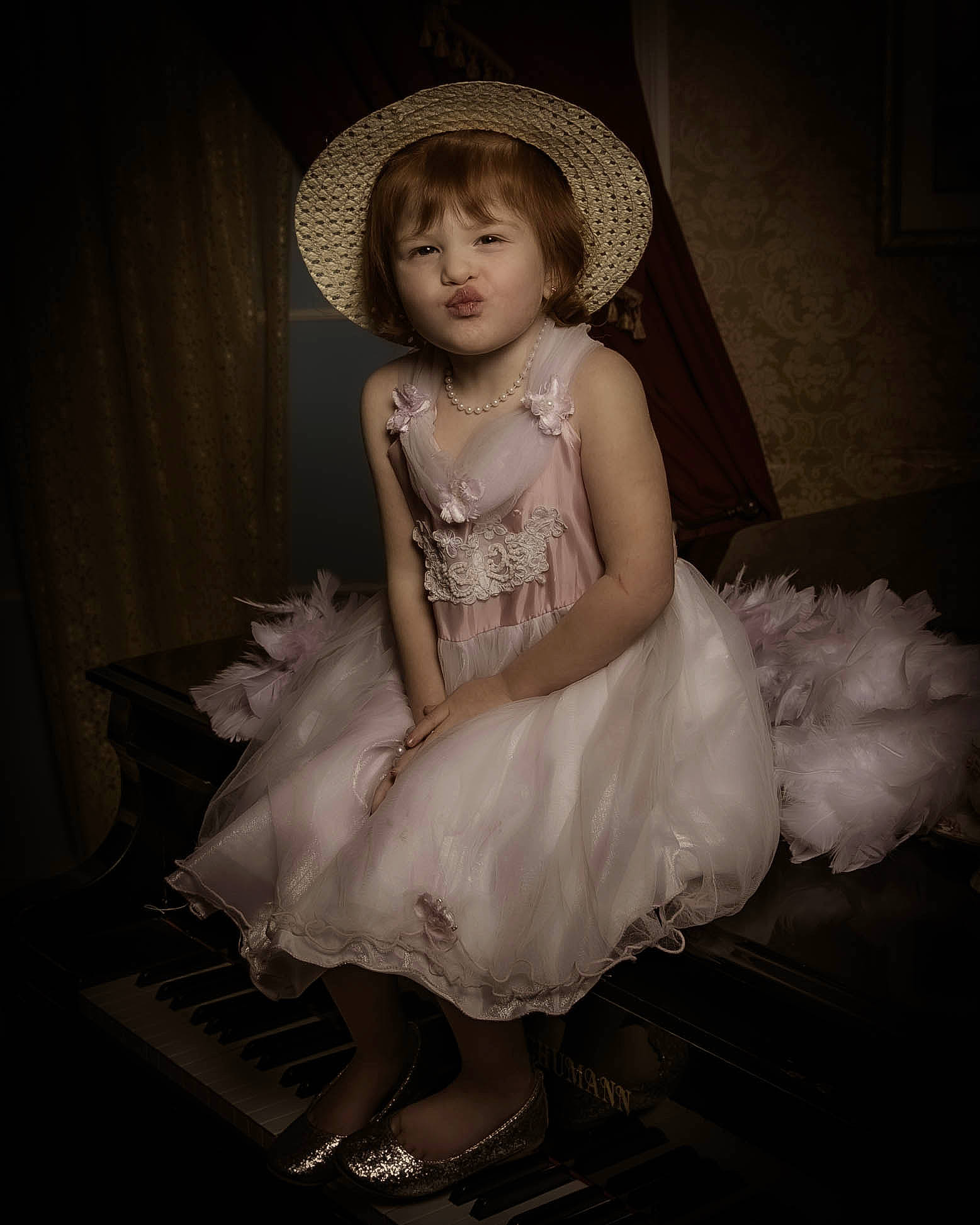 Madylynn joined the competition — help win amazing prizes! baby_toddler_clothing, child_model, costume, costume_accessory, costume_hat, day_dress, dress, embellishment, flash_photography, fur, hat, headgear, one_piece_garment, person, portrait, portrait_photography, ruffle, shoe, sitting, skin