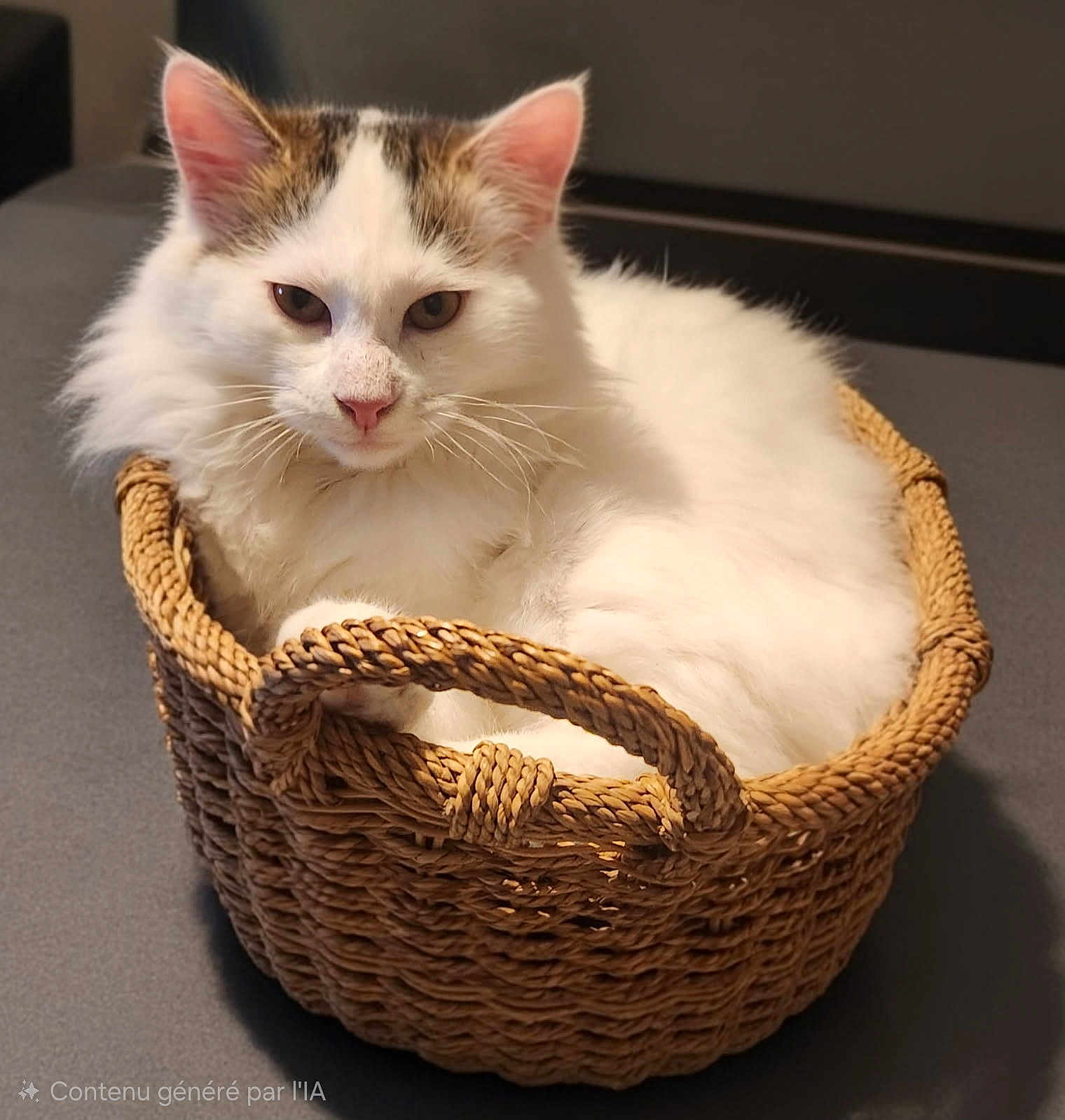 Aramis a rejoint le concours — aidez-le/la à gagner de superbes lots ! cat, white_cat, brown_patches, fluffy_fur, basket, woven_basket, pet, indoor, relaxed, feline, animal, cute, resting, domestic_cat, fur, whiskers, ears, pink_nose, closeup, portrait