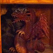 Minette a rejoint le concours — aidez-le/la à gagner de superbes lots ! cat, toy, dragon, wood, cubicle, indoor, pet, animal, feline, stuffed_toy, creature, eyes, claw, paw, dark, cozy, sitting, cute, closeup, imaginative