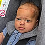 Zaaryah is registered to the contest to win money with this photo: baby, car_seat, child, face, blue_clothing, seatbelt, portrait, infant, close_up, serious_expression, hair, head, button, fabric, texture, safety, child_seat, skin, eyes, earring