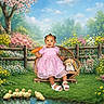 Zipporah is registered to the contest to win money with this photo: toddler, child, pink_dress, wicker_bench, carrot, plush_bunny, ducklings, pond, flowers, garden, grass, tree, fence, blue_sky, clouds, smiling, outdoor, greenery, nature, cute