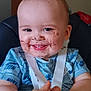 baby, child, smiling, chocolate, face, hands, high_chair, blue_shirt, white_strap, happy, messy, indoor, person, infant, cute, young_child, seat, feeding_time, food, fun