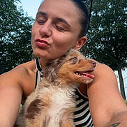Ybliss a rejoint le concours — aidez-le/la à gagner de superbes lots ! woman, puppy, dog, selfie, outdoor, trees, sky, tattoo, sunglasses, striped_clothing, happy, smiling, cute, pet, nature, summer, portrait, playful, closeup, expression