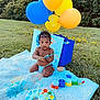 toddler, child, painting, paintbrush, balloons, blanket, outdoor, grass, colorful, art, baby, diaper, blue, yellow, orange, green, play, messy, creative, nature