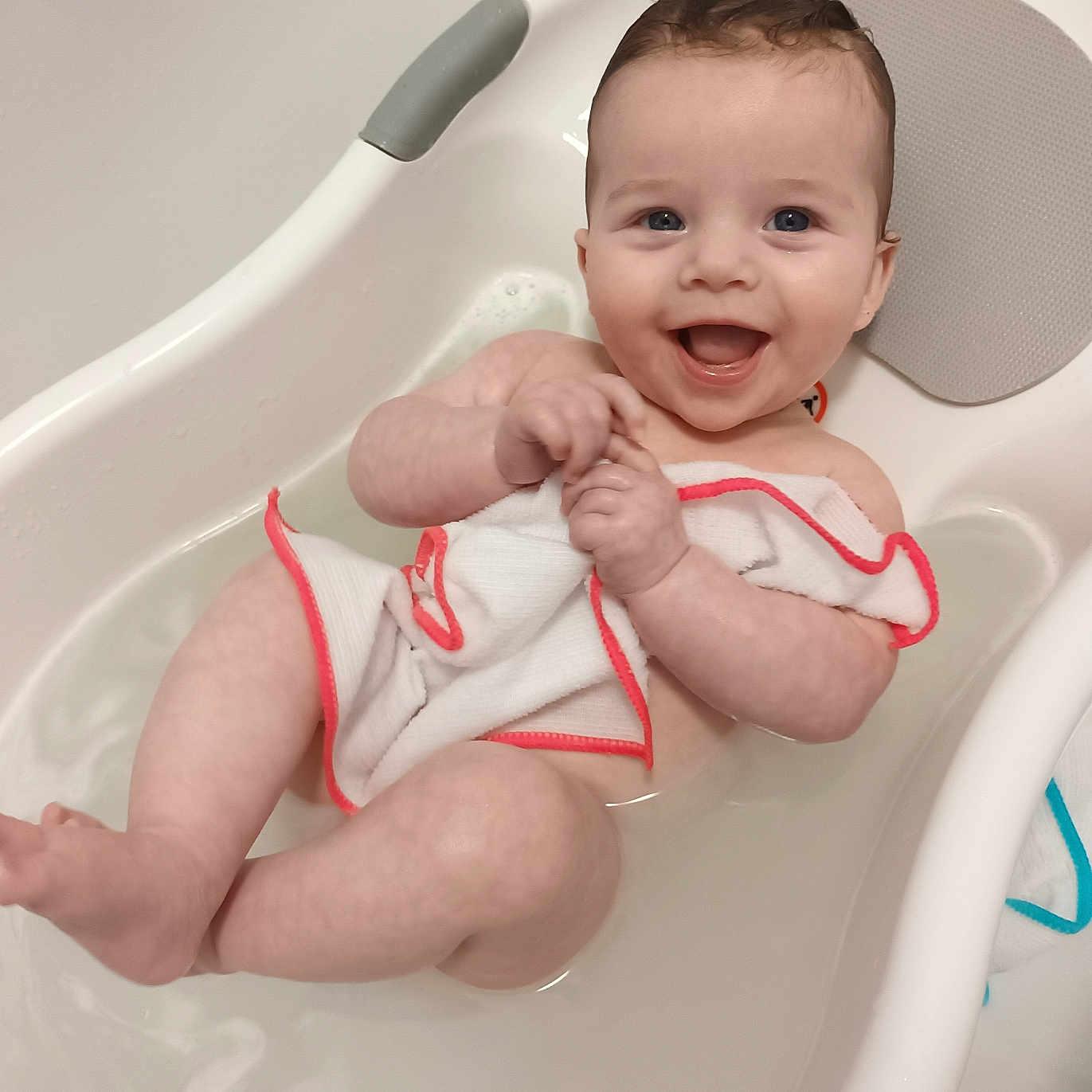 Harper-Rose joined the competition — help win amazing prizes! baby, bath_time, bathtub, child, clean, cute, face, happy, indoors, infant, joyful, person, playful, sitting, skin, smiling, towel, water, white, young