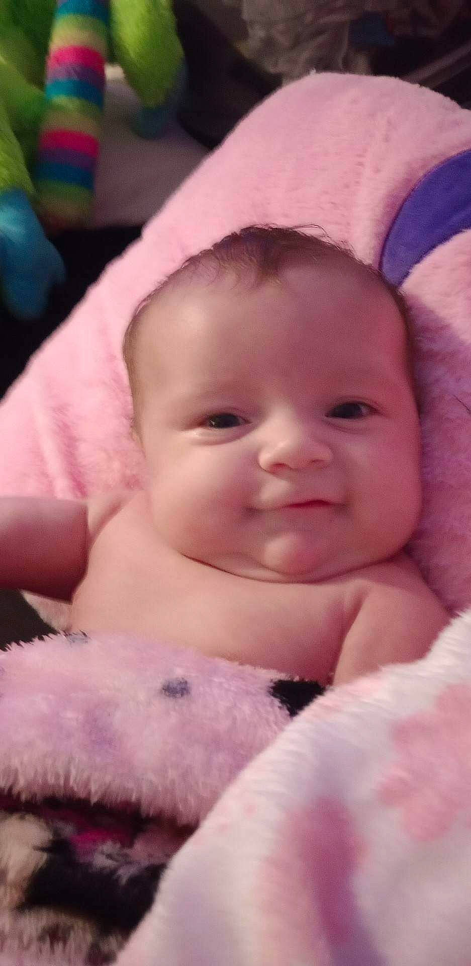 Evelynn joined the competition — help win amazing prizes! baby, cheek, chin, comfort, eye, eyebrow, eyelash, face, happy, head, iris, joy, lip, mouth, nose, person, pink, purple, skin, smile