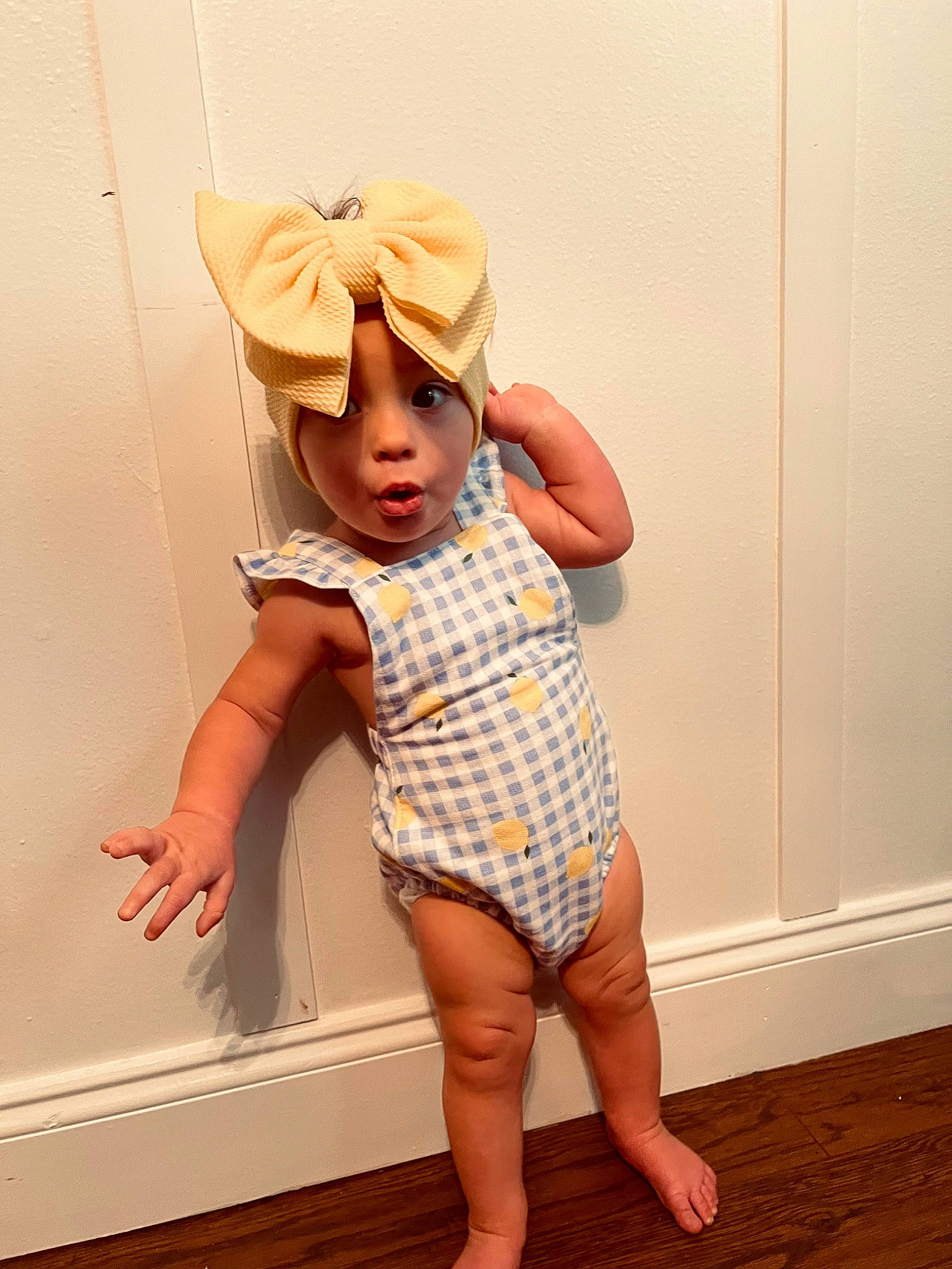 Lakyn joined the competition — help win amazing prizes! baby, baby_toddler_clothing, barefoot, cap, child, day_dress, elbow, flooring, foot, gesture, happy, headwear, human_leg, one_piece_garment, pattern, person, sleeve, thigh, thumb, toddler