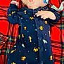 baby, infant, pacifier, onesie, animal_print, blue_clothing, plaid_blanket, red_blanket, sleeping, lying_down, child, cute, soft_toys, comfort, indoor, portrait, small_hand, peaceful, nap, cozy