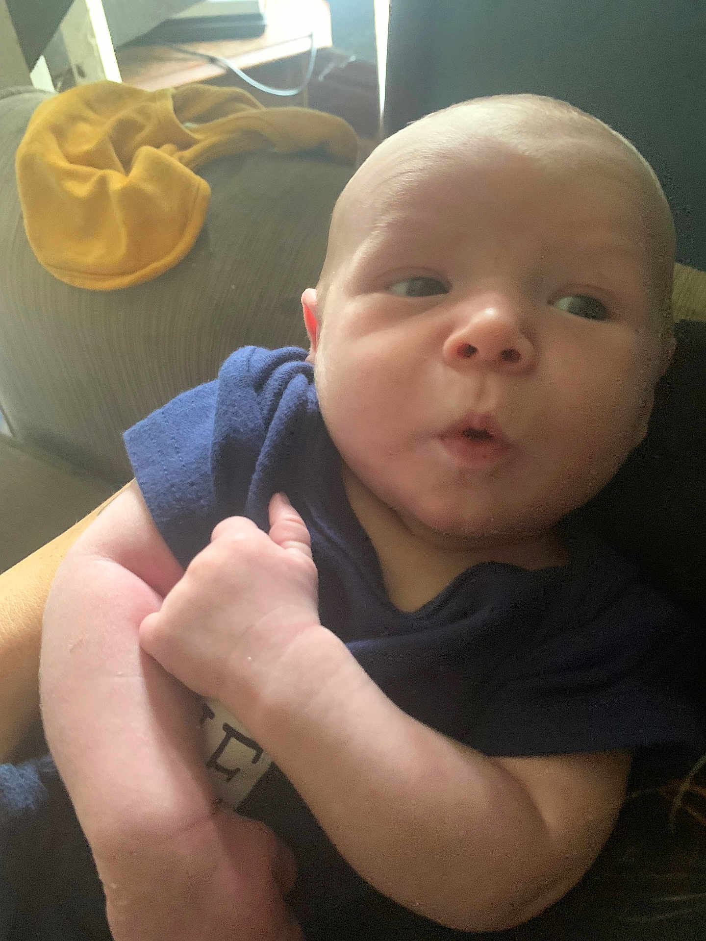Maverick is registered to the contest to win money with this photo: baby, infant, person, face, arm, clothing, indoor, couch, fabric, skin, hand, expression, newborn, casual, holding, curious, soft_light, closeup, portrait, child