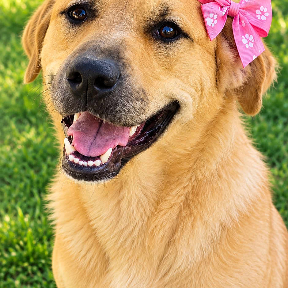 Christmas joined the competition — help win amazing prizes! dog, golden_retriever, pet, animal, portrait, smiling, happy, pink_bow, grass, outdoor, sunlight, fur, floppy_ears, black_nose, open_mouth, teeth, tongue, sitting, close_up, cute