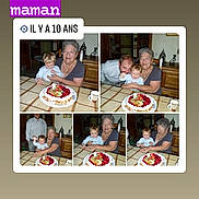 Paul participe au concours pour gagner de l'argent avec cette photo : child, elderly_woman, cake, table, home_interior, family, celebration, collage, portrait, smiling, toddler, cup, wooden_furniture, kitchen, person, happy, indoor, tile, text_overlay, memory