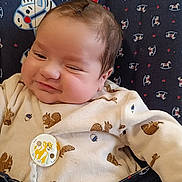 Gabriel a rejoint le concours — aidez-le/la à gagner de superbes lots ! adorable, baby, belt, child, closeup, clothing, comfort, cute, expression, face, head, indoor, infant, pacifier, resting, seat, smiling, soft, squirrel_pattern, young