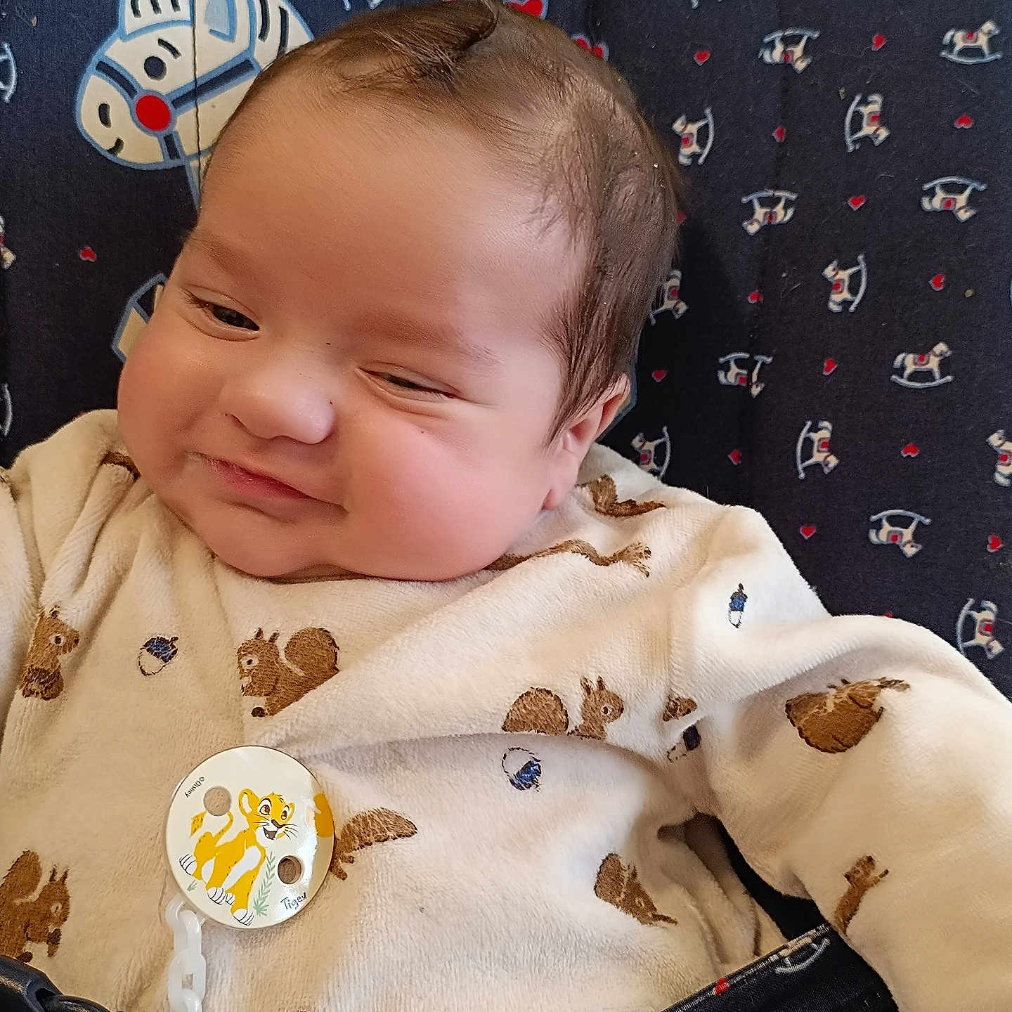 Gabriel a rejoint le concours — aidez-le/la à gagner de superbes lots ! adorable, baby, belt, child, closeup, clothing, comfort, cute, expression, face, head, indoor, infant, pacifier, resting, seat, smiling, soft, squirrel_pattern, young
