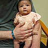 Rylann is registered to the contest to win money with this photo: baby, infant, child, person, human, holding, hand, clothing, onesie, sitting, indoor, curious, cute, peach, wristband, adult, face, skin, portrait, expression