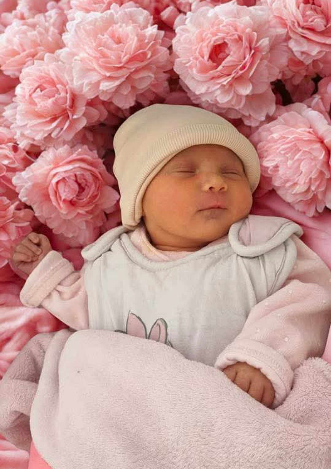 Emma a rejoint le concours — aidez-le/la à gagner de superbes lots ! baby, newborn, sleeping, hat, blanket, pink, flowers, soft, cute, infant, peaceful, cozy, wrapped, resting, child, portrait, closeup, warm, delicate, adorable