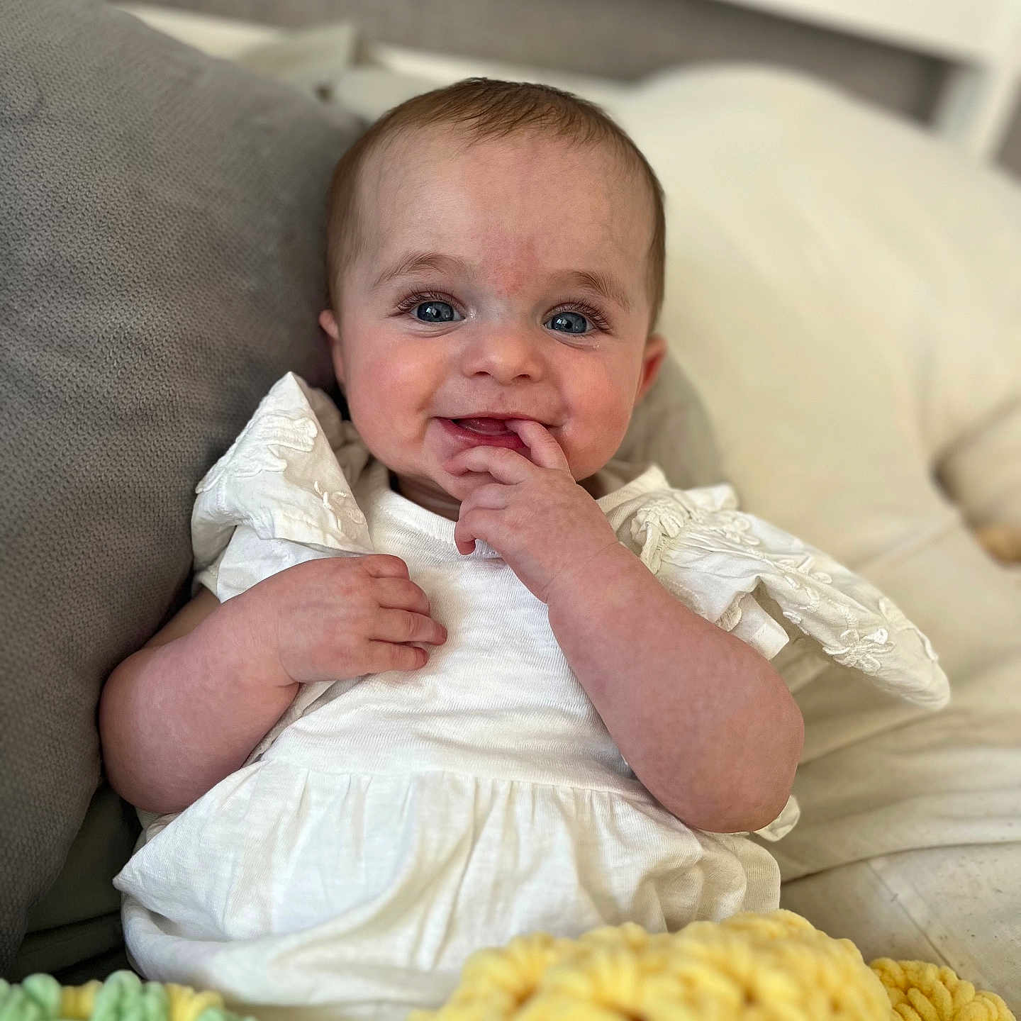 Hallie-Rose joined the competition — help win amazing prizes! baby, bed, bedroom, bodypart, couch, cushion, face, finger, furniture, hand, head, homedecor, indoors, newborn, person, photography, pillow, portrait, room, sitting