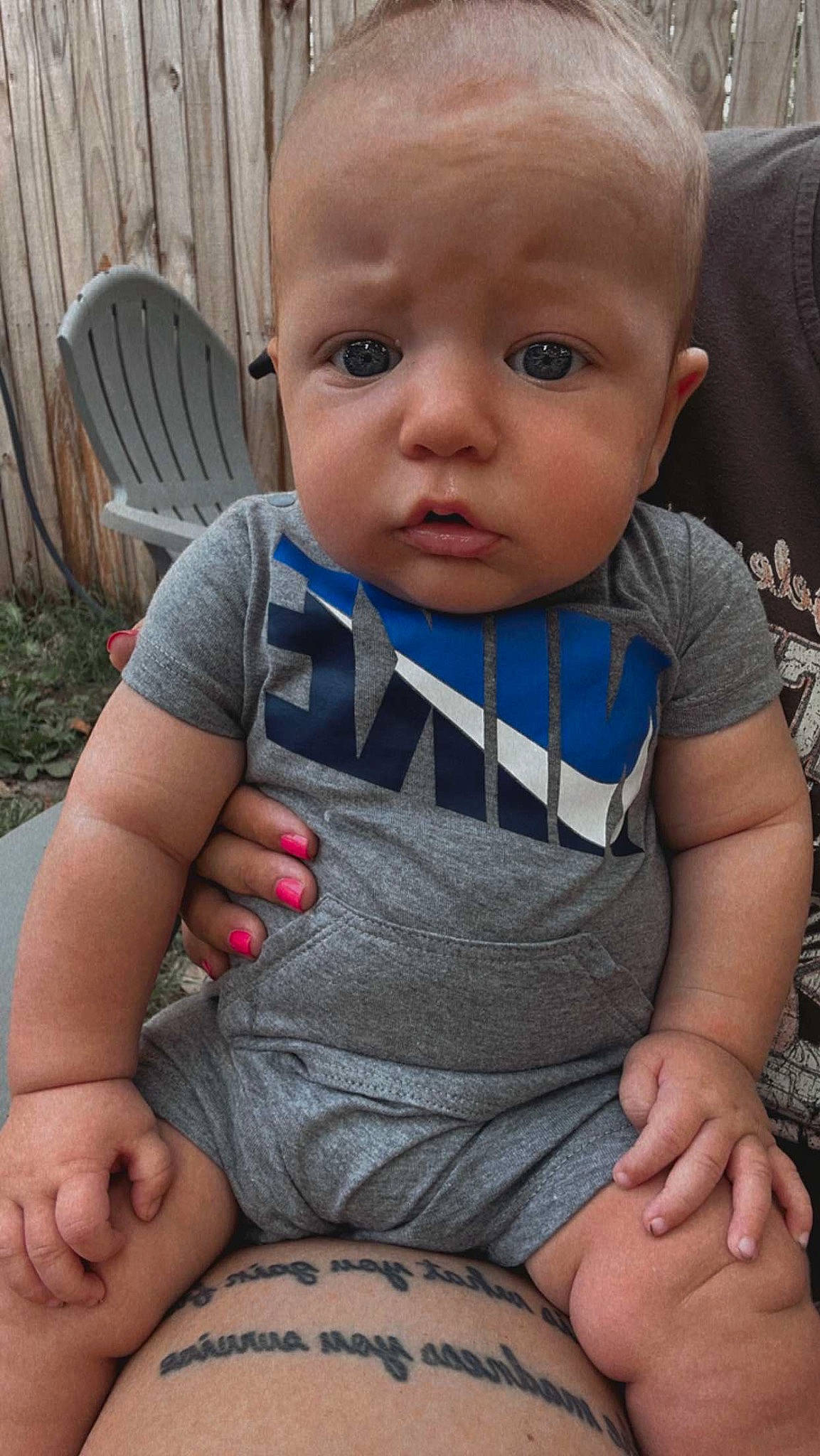 Kyson joined the competition — help win amazing prizes! arm, baby, baby_toddler_clothing, chair, cheek, finger, grass, hairstyle, hand, human_body, knee, leg, lip, nose, organ, person, plant, skin, sleeve, thigh