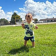 Romyn is registered to the contest to win money with this photo: child, boy, toddler, smiling, outdoor, grass, playground, park, sunny, clouds, blue_sky, portrait, standing, shorts, t_shirt, sportswear, happy, daylight, residential_area, photography
