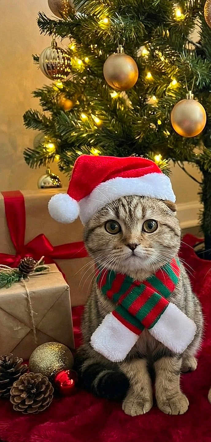 Thelma joined the competition — help win amazing prizes! brown, cat, christmas_tree, cute, decorations, festive, green, holiday, indoor, lights, ornaments, pet, pinecones, red, santa_hat, scarf, seasonal, tabby_cat, warm, wrapped_gifts