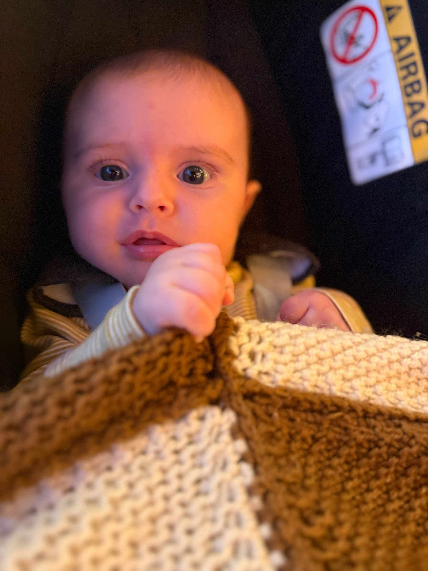 Maya participe au concours pour gagner de l'argent avec cette photo : baby, blanket, car_seat, child, face, hand, knitted_blanket, wide_eyes, curious, infant, seatbelt, closeup, portrait, indoor, safety_label, warm_lighting, expression, soft_texture, young_child, cute