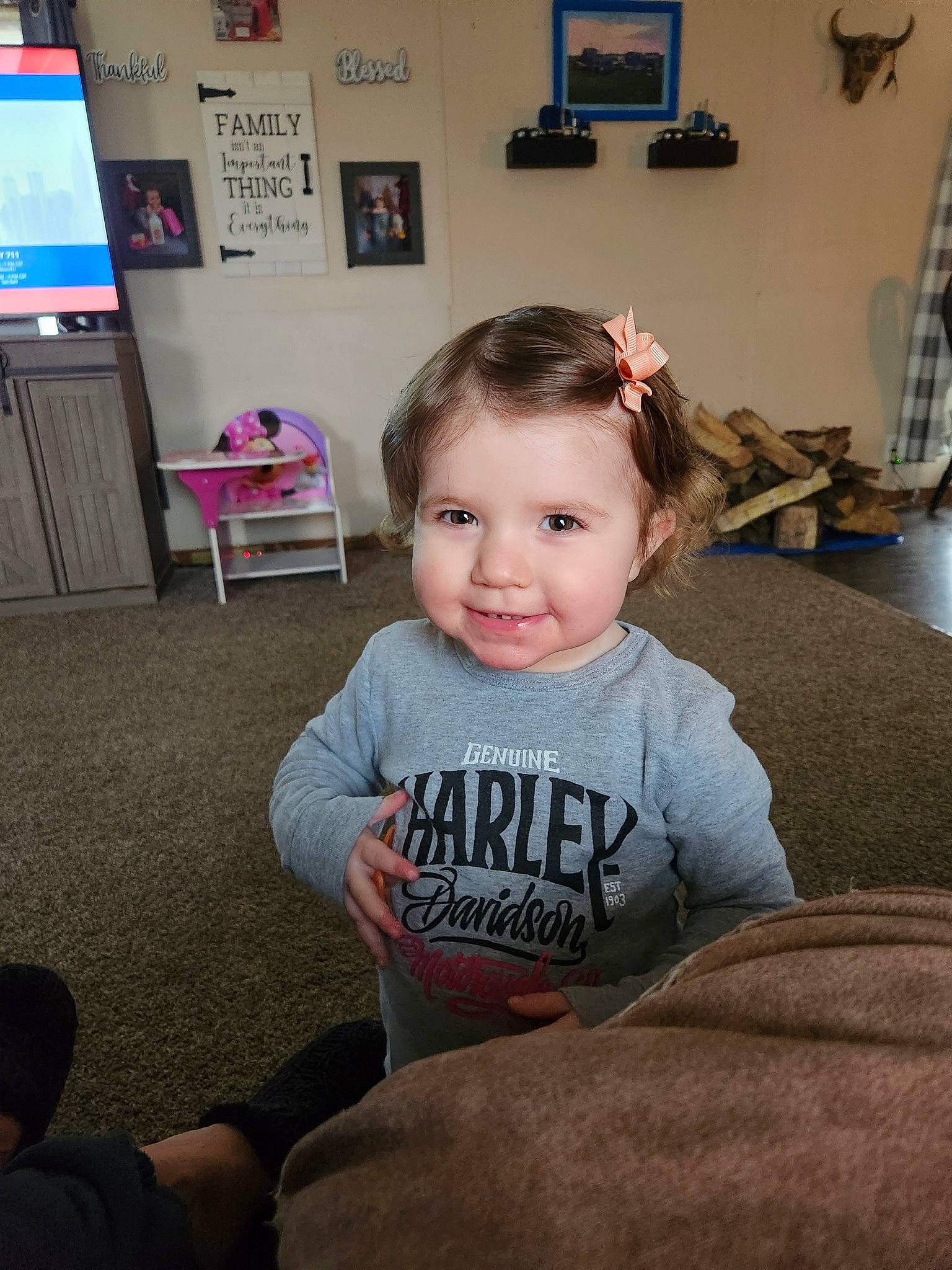 Danica joined the competition — help win amazing prizes! baby, baby_toddler_clothing, cheek, child, chin, curtain, event, floor, flooring, fun, happy, joy, person, picture_frame, skin, sleeve, smile, standing, table, television