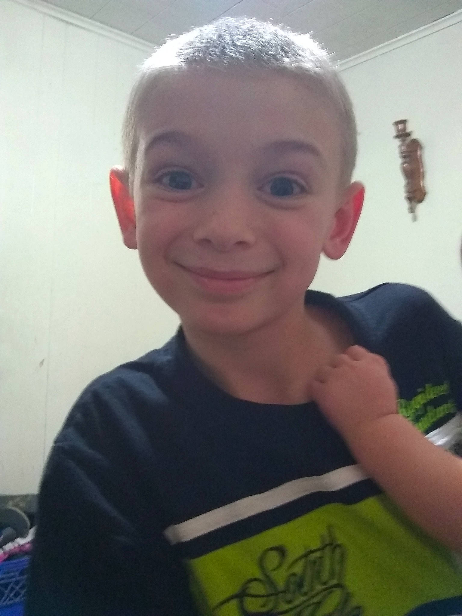 Noah is registered to the contest to win money with this photo: buzz_cut, cheek, child, chin, ear, eyebrow, face, forehead, happy, head, joy, person, photography, selfie, smile, t_shirt, toddler, tooth