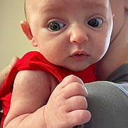 Penelope joined the competition — help win amazing prizes! adult, arm, baby, being_held, child, close_up, cuddling, eyes, face, family, hand, indoor, infant, photography, portrait, red_clothing, sitting, surprised, vertical_photo, wide_eyed