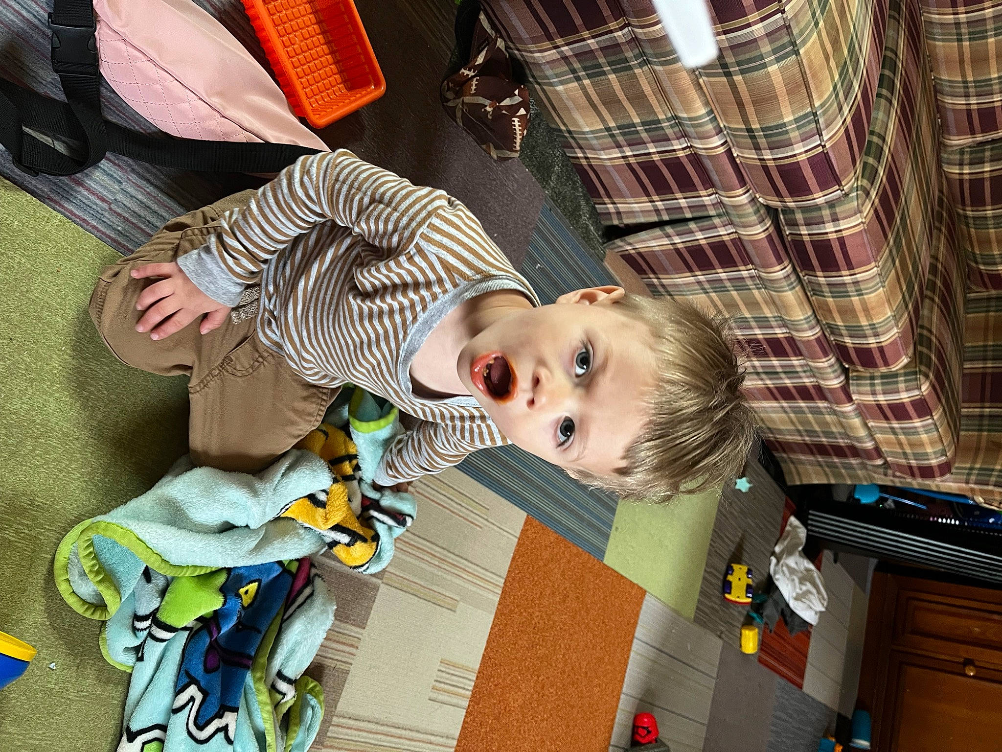 Anthony joined the competition — help win amazing prizes! baby, baby_products, baby_safety, baby_toddler_clothing, backpack, bag, child, comfort, flooring, fun, head, pattern, person, plaid, room, surprise, tartan, toddler