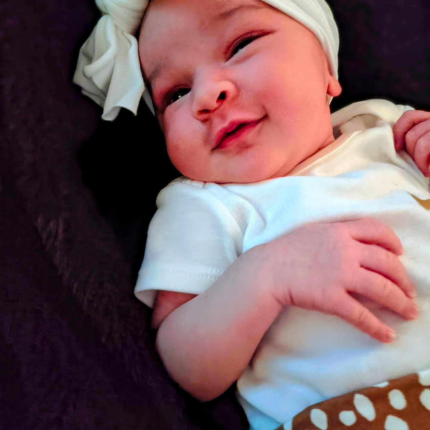 Amara joined the competition — help win amazing prizes! baby, infant, smile, face, headwear, bow, white_shirt, brown_pants, polka_dots, hand, lying_down, blanket, purple_background, cute, child, newborn, skin, portrait, happy, indoors