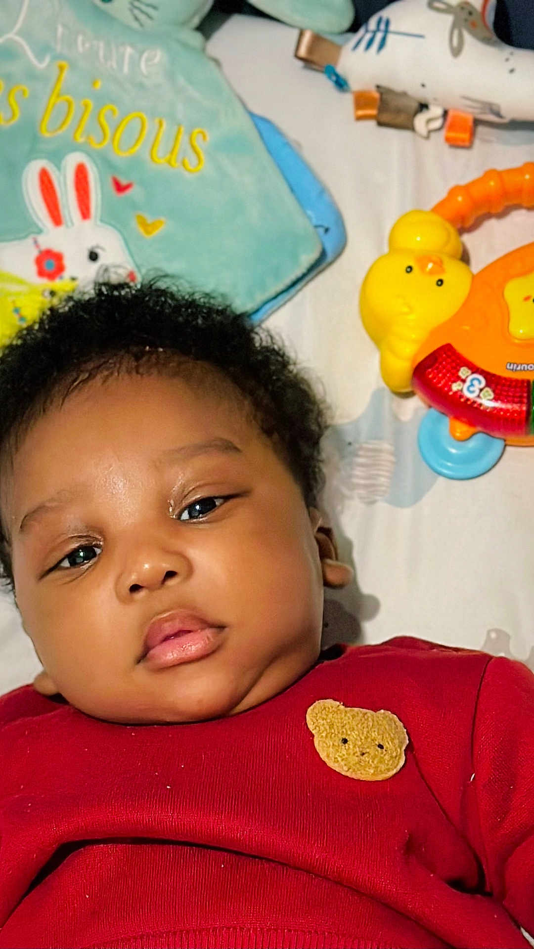 Eliott participe au concours pour gagner de l'argent avec cette photo : baby, infant, child, face, red_clothing, toy, stuffed_animal, blanket, bunny, cute, lying_down, portrait, indoors, soft_toys, yellow_toy, plush, chubby_cheeks, close_up, young_child, peaceful